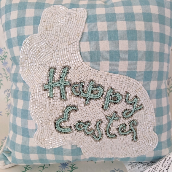 Bella Lux Beaded Blue White Gingham Happy Easter Bunny Pillow 12" - Picture 2 of 4